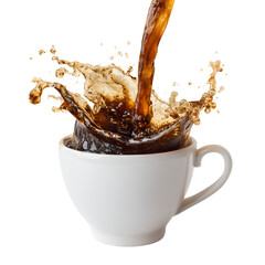 Hot Coffee Splash with Chocolate and Cream in Cup – Isolated on White Background