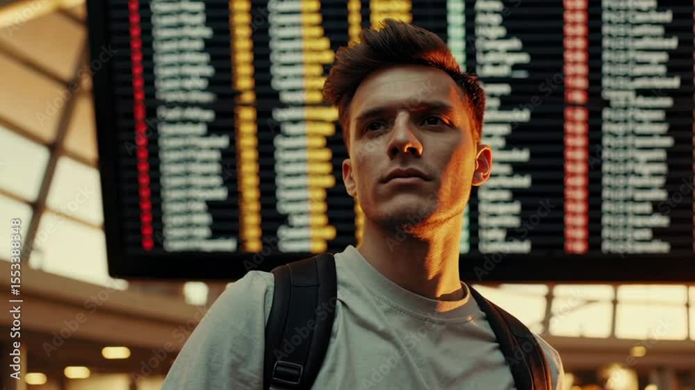 Poster young traveler looking at timetable display in airport terminal while waiting for flight departure, 