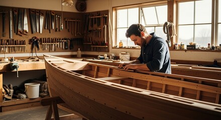 Obraz premium Craftsman Building Wooden Boat in Sunny Workshop