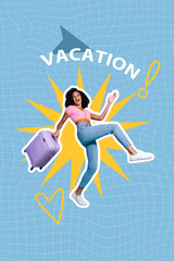 Image vertical artwork collage of happy america girl carry baggage summer vacation exclamation mark...