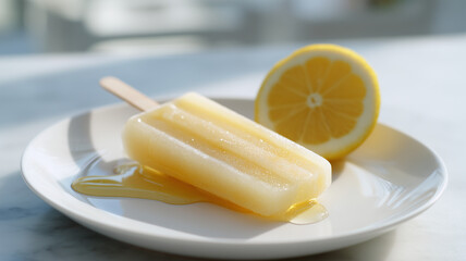 Soft-focus shot of a pastel-colored lemon popsicle resting on a white plate, with fresh lemon slices and lemon syrup dripping off the popsicle on a light background