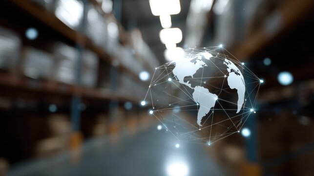 Digital globe representing global connectivity in warehouse environment, showcasing advanced supply chain management system. image conveys innovation and efficiency in logistics
