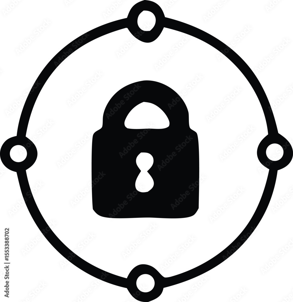 Poster stylized black padlock icon centered within a circular frame with four connecting nodes representing