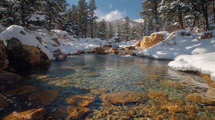 Clear, icy stream flowing through snowy landscape.