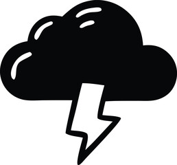A stylized black silhouette of a storm cloud with a lightning bolt descending from its base against a white background