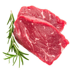 Two Raw Beef Steaks with Sprigs of Fresh Rosemary Isolated on a Transparent Background Displaying Rich Red Color and Detailed Marbling for Culinary and Food Preparation Imagery