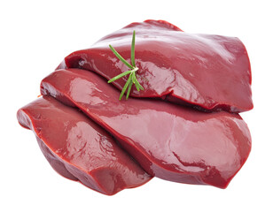 Sliced Raw Beef Liver with Rosemary Sprig on a Transparent Background Showing Detailed Texture and Red Tones