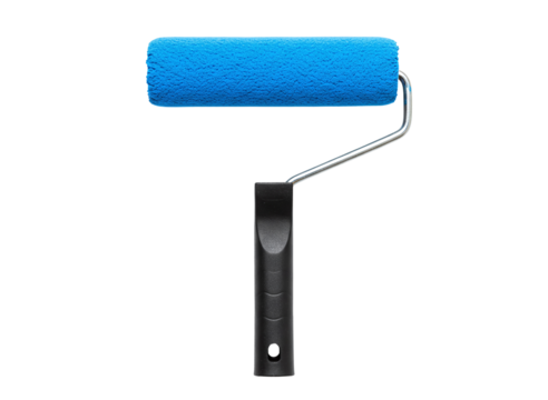 Bright blue paint roller applying a fresh coat of paint isolated on transparent background