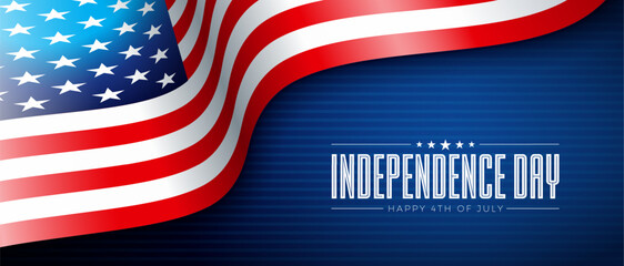 4th of July Independence Day of the USA Vector Illustration with American Flag, Gold Star and Falling Confetti on Blue Background. Fourth of July National Celebration Design with Typography Letter for