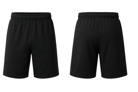 Black athletic shorts front and back view isolated on transparent background - Powered by Adobe