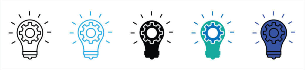 Innovation and Idea Process Icons – Light Bulb with Gear Symbol Set