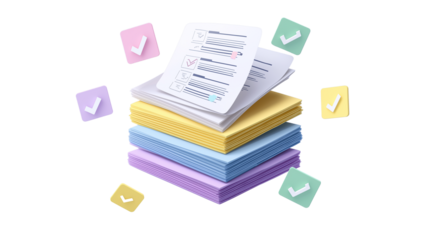 Floating stacked documents with checkmarks and signature stamps, workflow concept, PNG