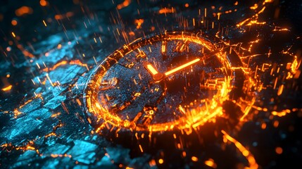 Glowing Clock on Cracked Ground with Sparks and Dramatic Lighting