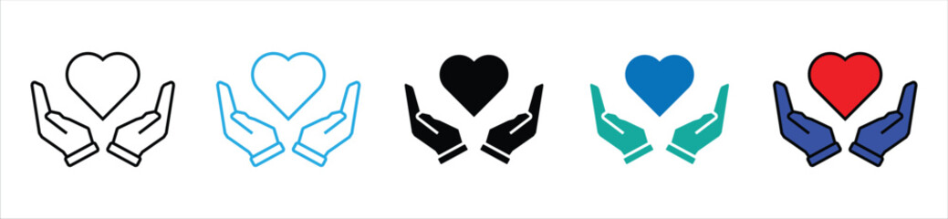 Heart in Hands Icons – Charity, Care, Love, and Support Symbol Set