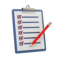 3D Render of Checklist Clipboard with Red Pencil – Task Management and To-Do List Planning, Isolated on White or Transparent Background