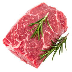 Raw Beef Steak with Fresh Rosemary Sprigs Isolated on Transparent Background Showing Detailed Red Meat Texture