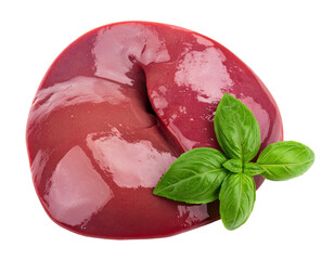 Fresh Beef Liver with Green Basil Leaf Isolated on Transparent Background Displaying Detailed Texture and Red Color Palette