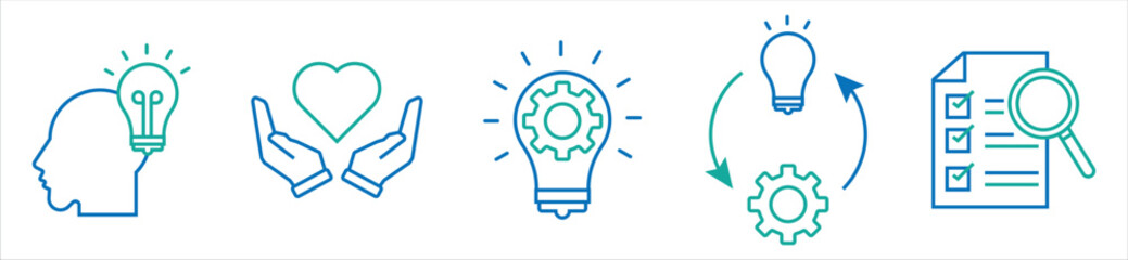 Innovation and Idea Development Icons – Creative Thinking, Evaluation, and Strategy Symbols