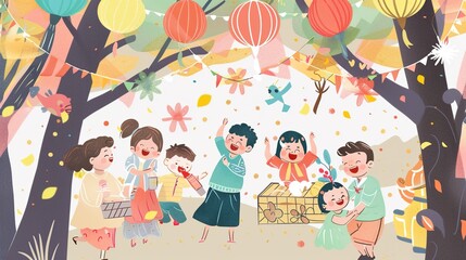 Fototapeta premium Bright Children's Day Celebration Illustration with Diverse Kids Playing, Balloons and Gifts in Vibrant Colors, International Child Rights Concept for Posters and Social Media