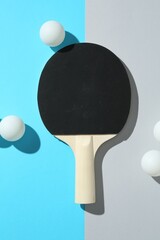 Ping pong racket and balls on color background, flat lay