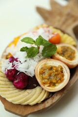 Different fresh fruits on white table, closeup
