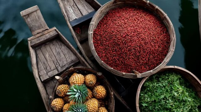 Top view of colorful boats at an Asian floating market, filled with fruits and a large basket of red chili peppers, creating a vibrant and exotic scene.

