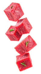 Vibrant Red Beef Cubes in Freefall with Rosemary Garnishes Against a Transparent Background Displaying Textured Surfaces and Gourmet Appeal in Studio Lighting