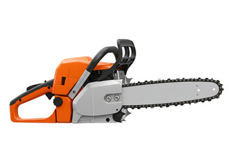 Naklejka premium Orange and silver chainsaw with long bar isolated on transparent background