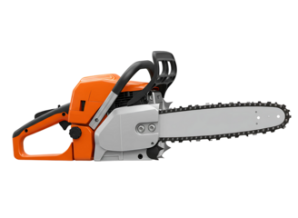 Orange and silver chainsaw with long bar isolated on transparent background