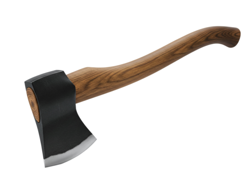 Sharp metal axe head with a polished wooden handle isolated on transparent background