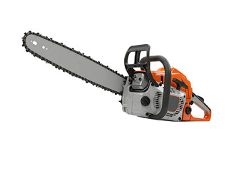 Orange and silver chainsaw with long bar isolated on transparent background