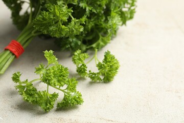 Bunch of fresh parsley on light table, closeup. Space for text