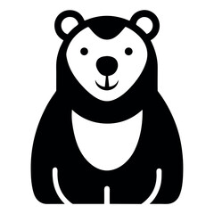 Black and White Cartoon Bear with Circular Ears, Sitting Upright, Smiling Symbol