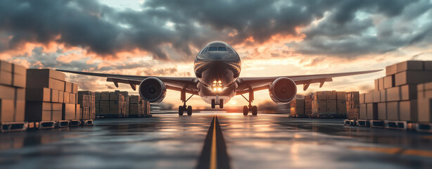 Global Trade Disruption Large cargo plane preparing for takeoff amid stormy skies and stacked boxes on the runway.
