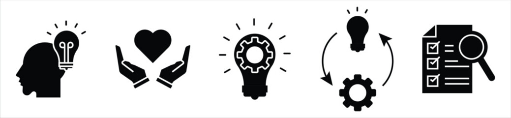 Innovation and Idea Development Icons – Creative Thinking, Evaluation, and Strategy Symbols