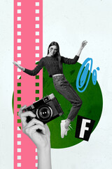 Vertical art 3d creative image collage of happy girl old man stand paparazzi cadre hands hold retro...