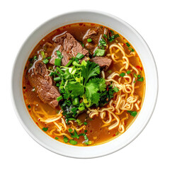 Overhead View of a Beef Noodle Soup Bowl Featuring Noodles Beef and Green Herbs on a Transparent Background