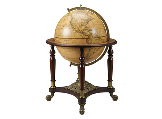 Antique globe on ornate wooden stand with lion paw feet isolated on transparent background