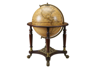 Antique globe on ornate wooden stand with lion paw feet isolated on transparent background