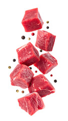 Red Beef Cubes Falling Against A Transparent Background Displaying Culinary Detail And Food Preparation with Pepper Seasoning