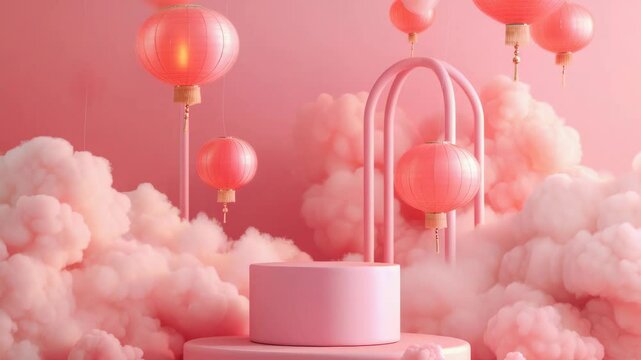 Colorful, abstract lanterns in pink and red tones set against a cloudy background