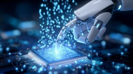 Robotic Hand Interacting with a Luminous Computer Chip Symbolizing Advanced Artificial Intelligence - Powered by Adobe