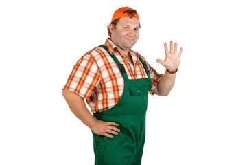 Man in overalls and a baseball cap shows five fingers on his hand.