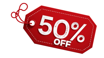 Red discount tag with bold text "50% OFF", stylized for marketing, PNG