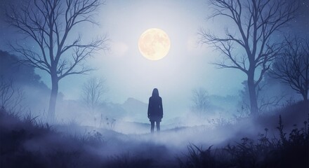Silhouette Woman Watching Yellow Full Moon in Foggy Blue Landscape