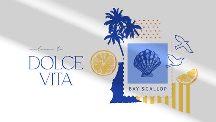 Hand drawn watercolor and sketch tropical poster. Dolce vita summer vibe. Vector vintage illustration