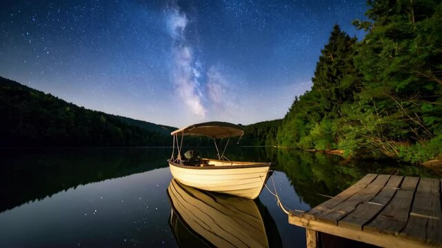 Lone rowboat tied to a wooden dock on a calm lake reflects the vibrant Milky Way at night, surrounded by dark trees and quiet solitude