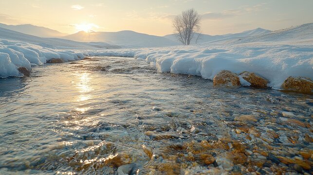 Gentle stream flowing through snowy landscape at sunrise.