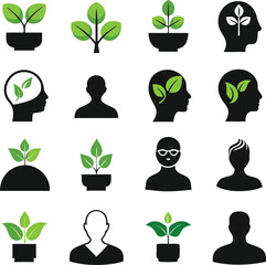 Collection of stylized icons representing personal growth and development with plants and human silhouettes symbolizing learning and new ideas