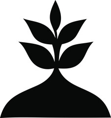 Stylized black silhouette of a sprouting plant emerging from a curved mound against a white background